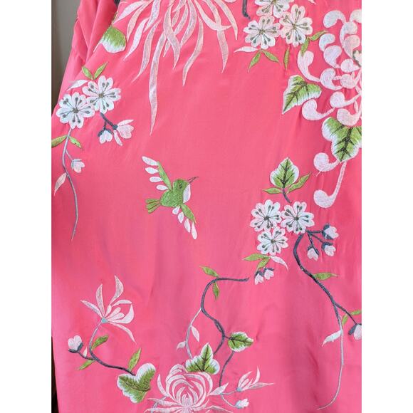 VTG Japanese Kimono OS Pink White Silky Embroidered Chrysanthemums Florals Birds - Picture 10 of 12